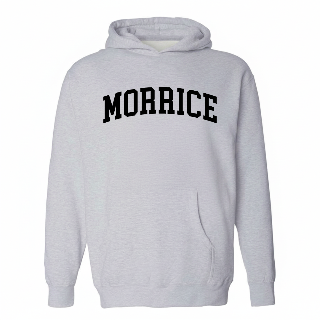 Heather-gray hoodie with the Morrice arched lettering design on the chest.