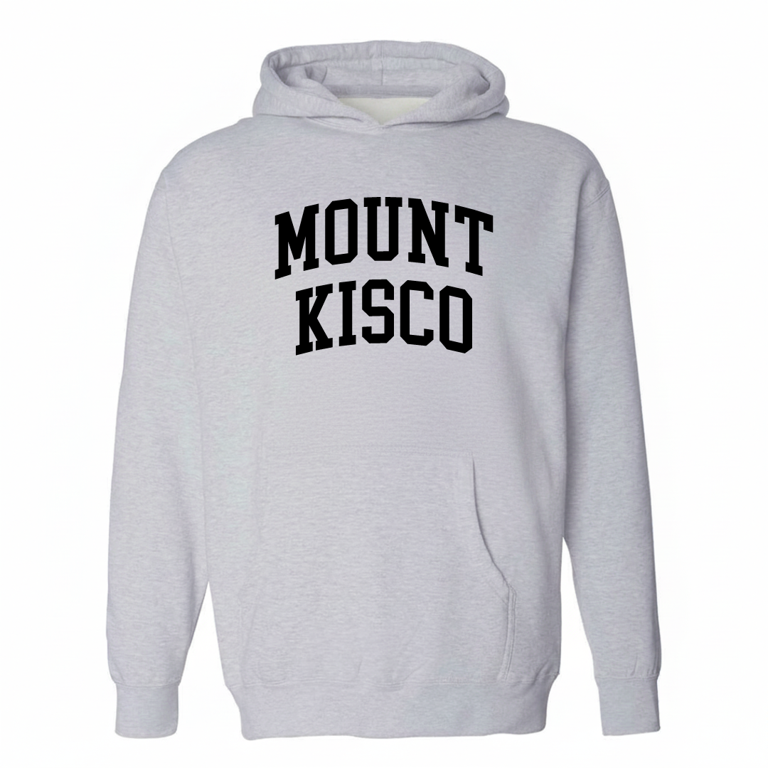Heather-gray hoodie with the Mount Kisco varsity arched lettering design on the chest.