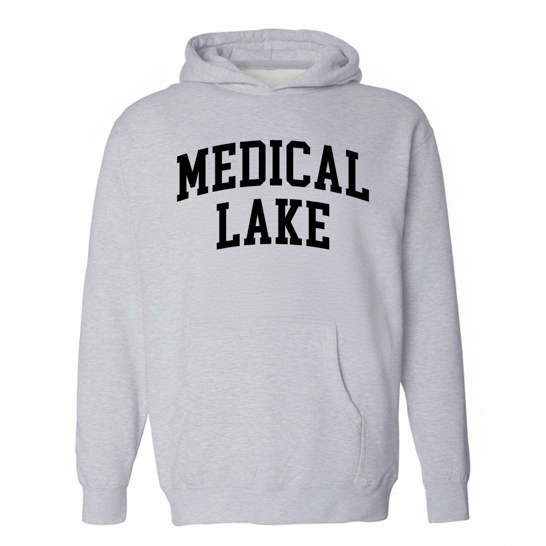 Heather-gray hoodie with the Medical Lake varsity arched lettering design on the chest.