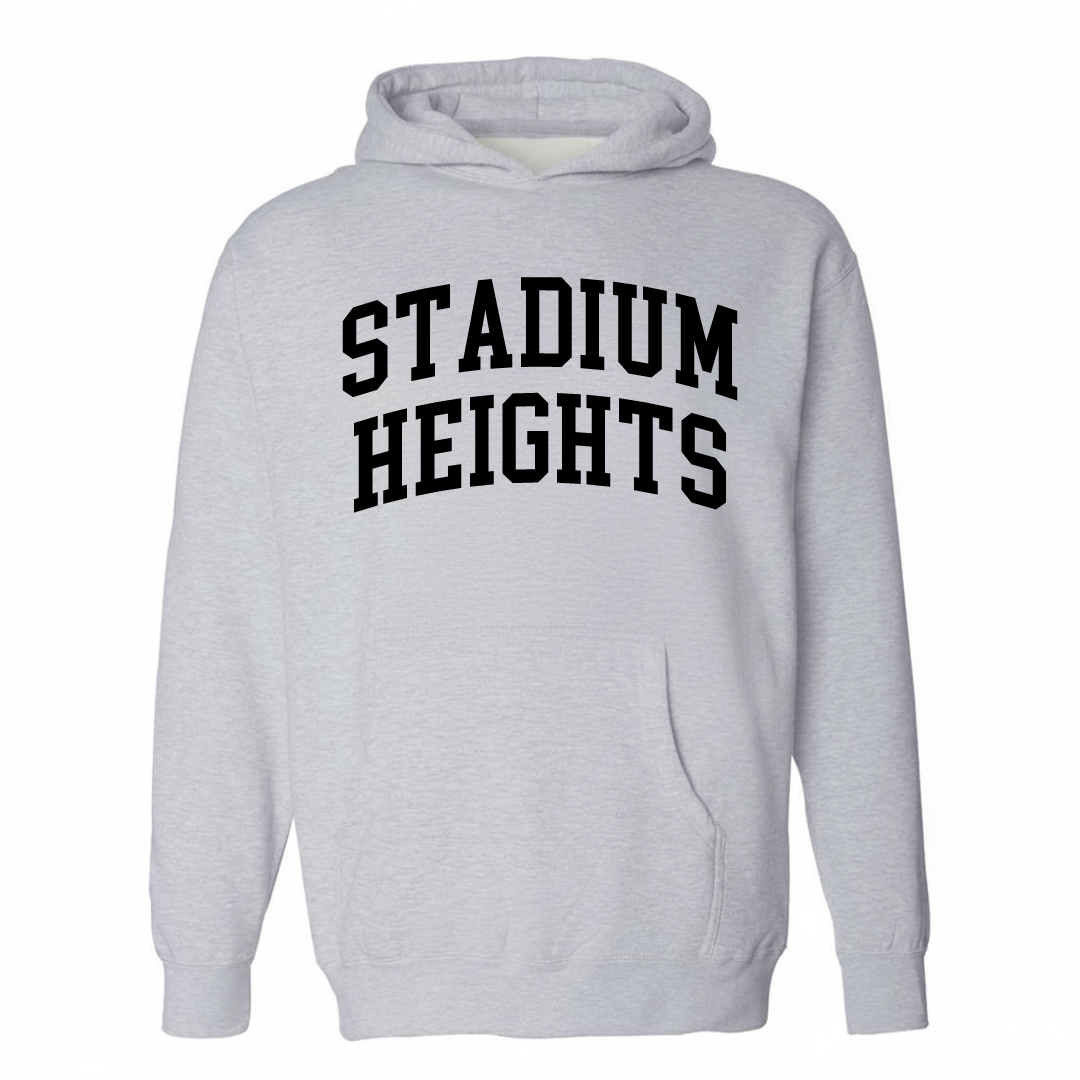 Heather-gray hoodie with the Stadium Heights arched lettering design on the chest.
