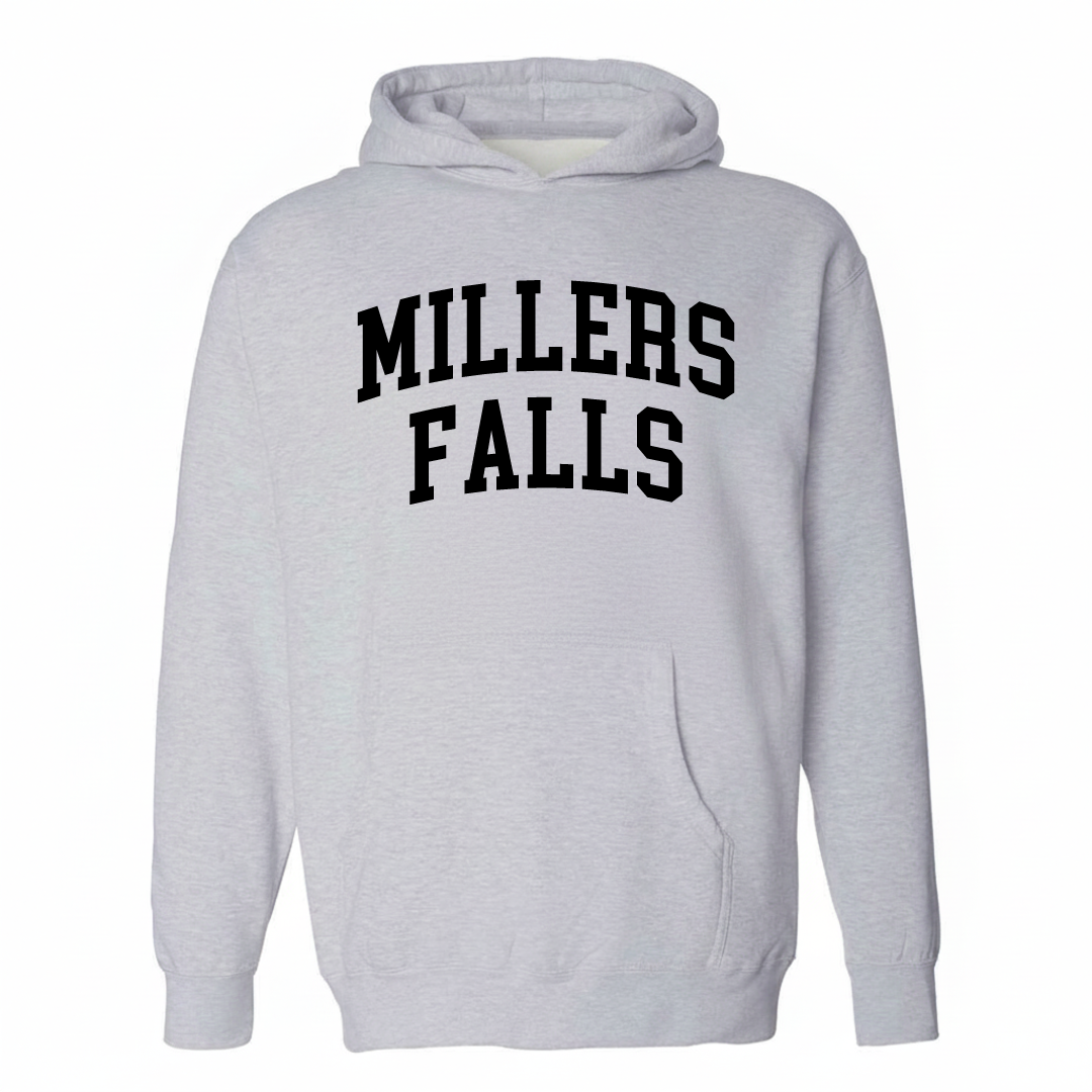 Heather-gray hoodie with the Millers Falls varsity arched lettering design on the chest.