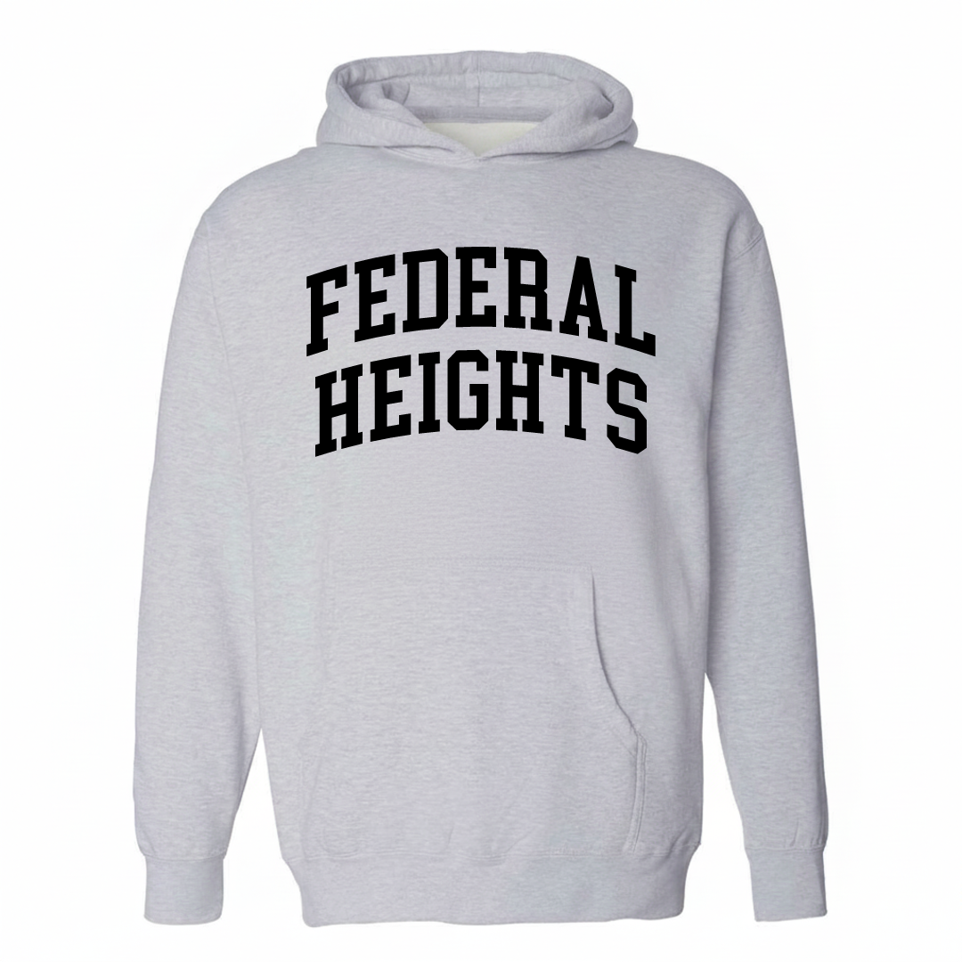 Heather-gray hoodie with the Federal Heights varsity arched lettering design on the chest.