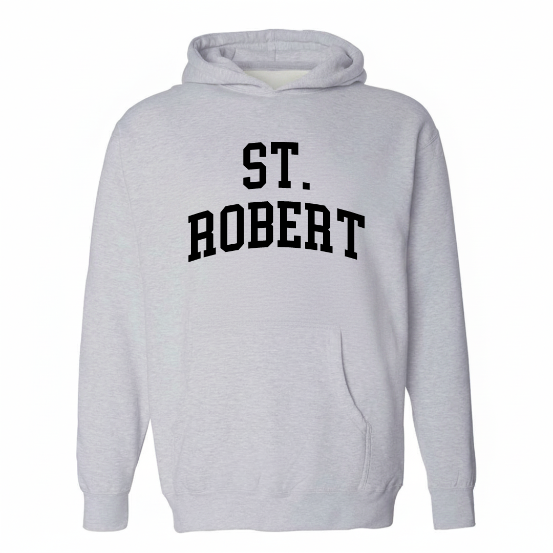 Heather-gray hoodie with the St. Robert varsity arched lettering design on the chest.