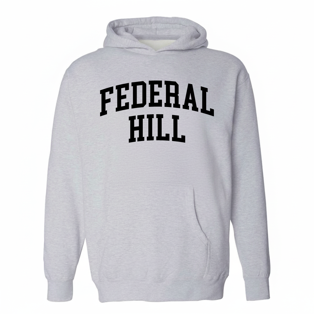 Heather-gray hoodie with the Federal Hill arched varsity lettering design on the chest.