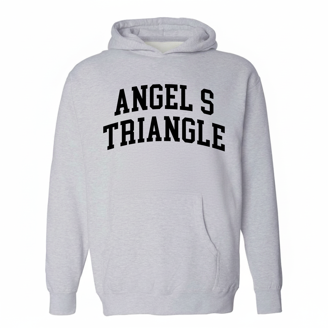 Heather-gray hoodie with the Angel's Triangle varsity arched lettering design on the chest.