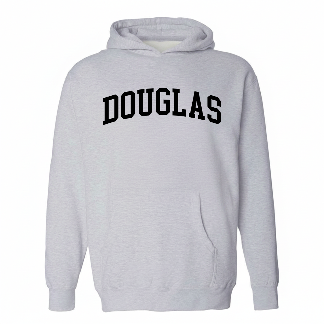Heather-gray hoodie with the Douglas arched varsity lettering design on the chest.