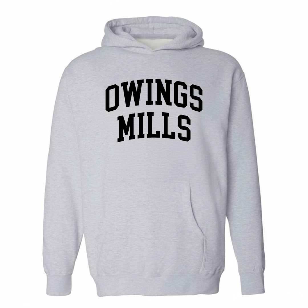 Heather-gray hoodie with the Owings Mills varsity arched lettering design on the chest.