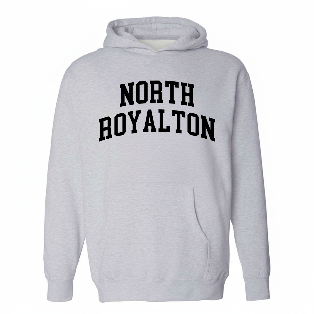 Heather-gray hoodie with the North Royalton varsity arched lettering design on the chest.