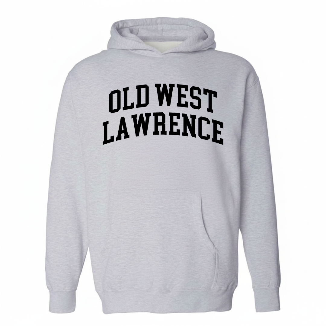 Heather-gray hoodie with the Old West Lawrence varsity arched lettering design on the chest.