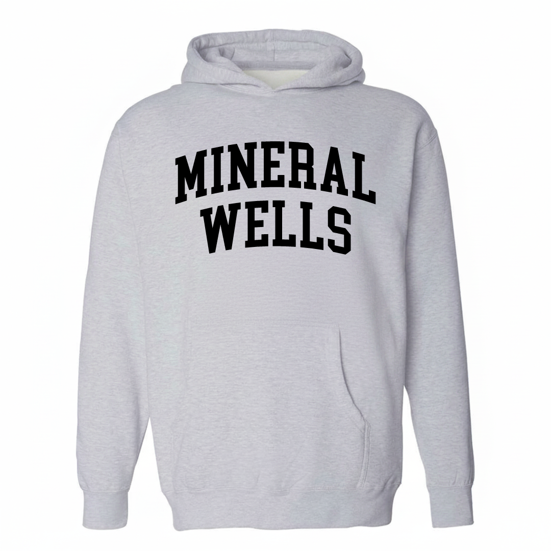 Heather-gray hoodie with the Mineral Wells arched varsity lettering design on the chest.
