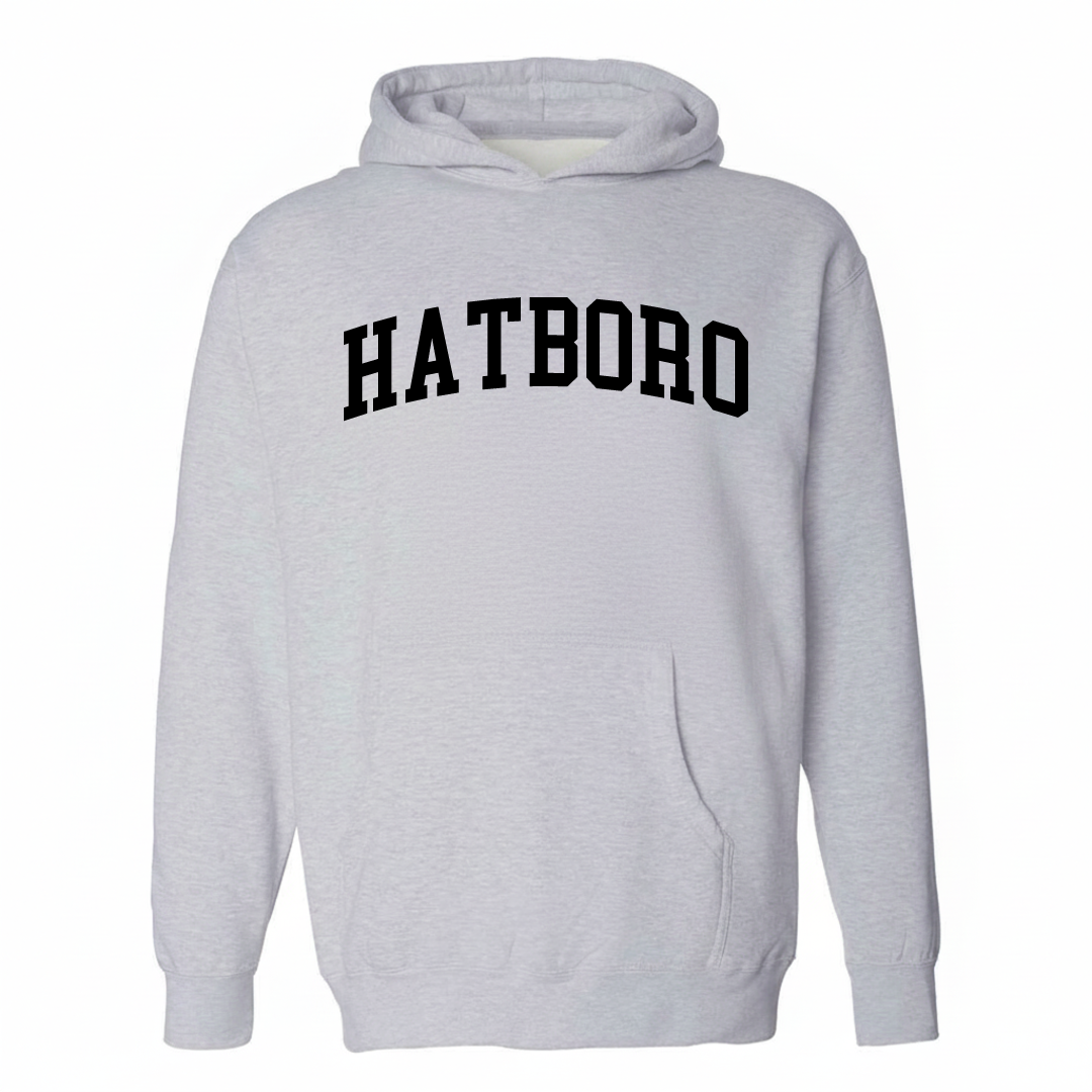Heather-gray hoodie with the Hatboro varsity arched lettering design on the chest.
