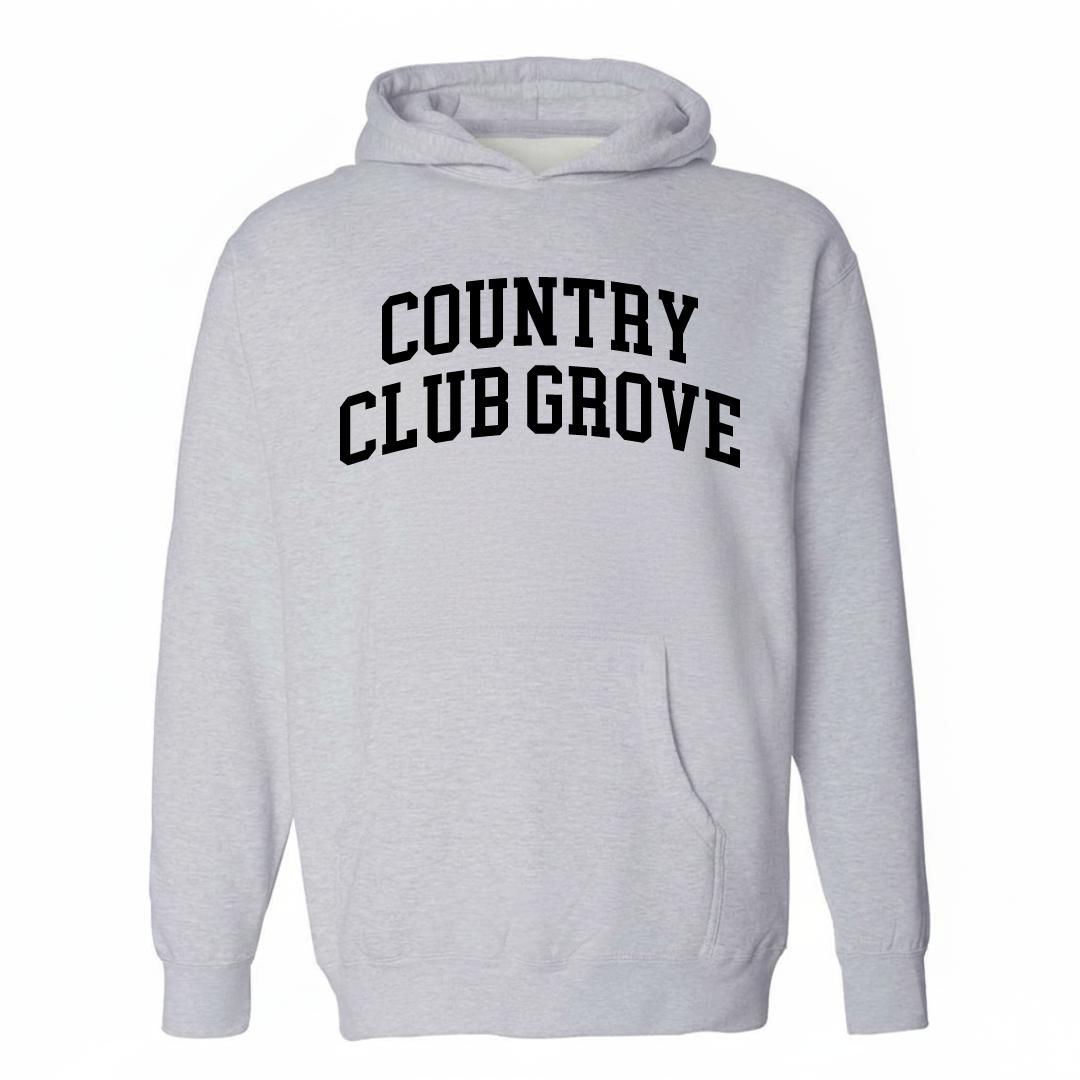Heather-gray hoodie with the Country Club Grove varsity arched lettering design on the chest.