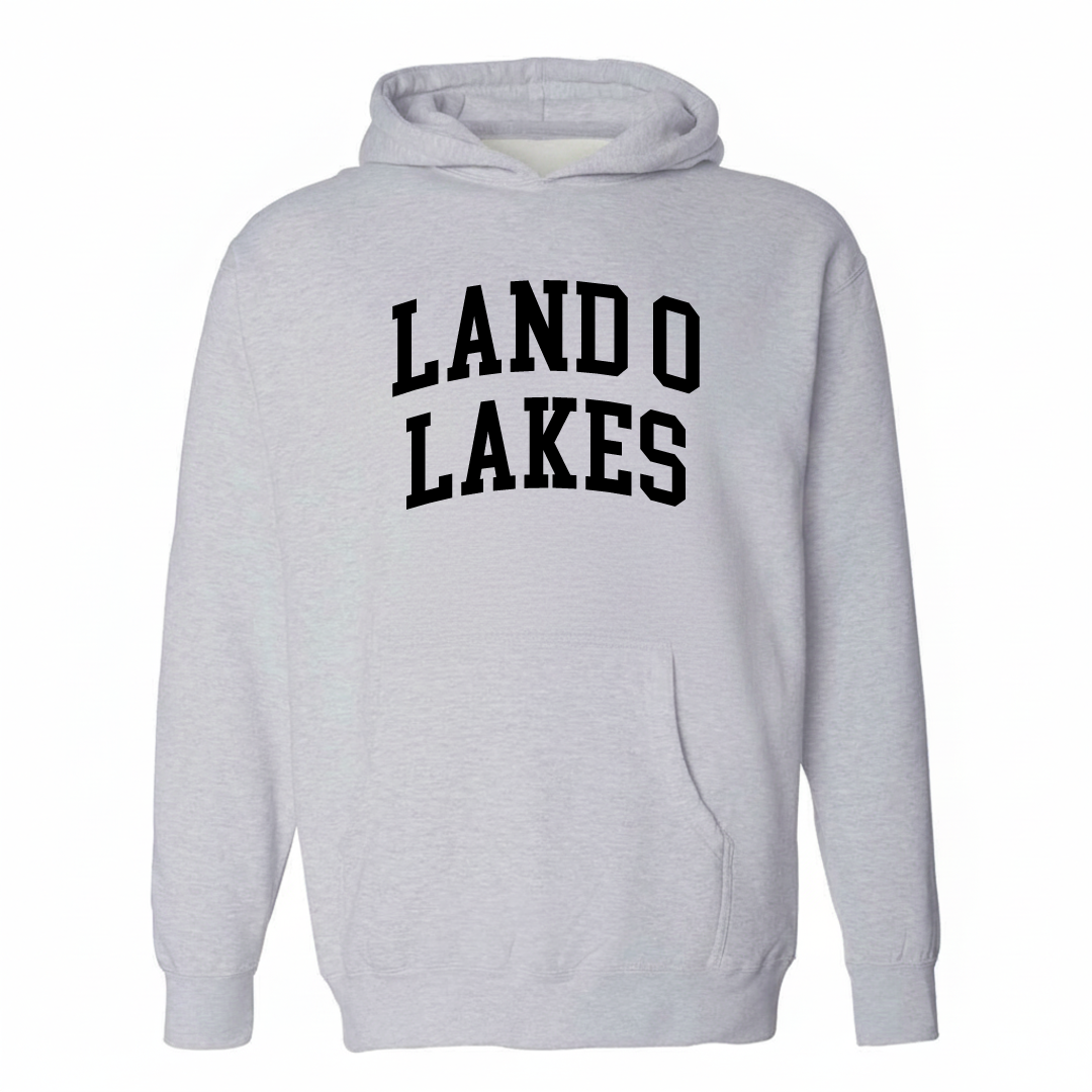 Heather-gray hoodie with the Land O' Lakes varsity arched lettering design on the chest.