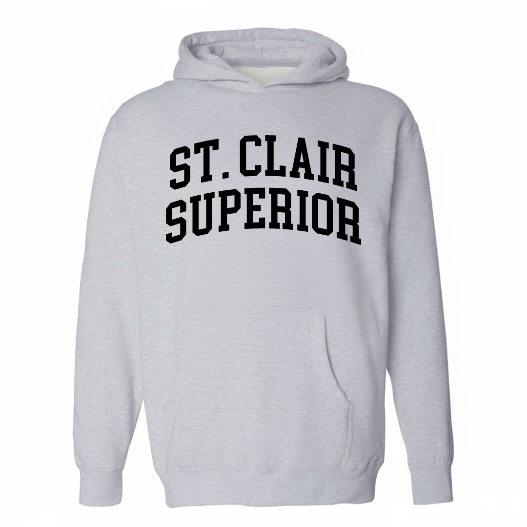 Heather-gray hoodie with the St. Clair-Superior varsity arched lettering design on the chest.