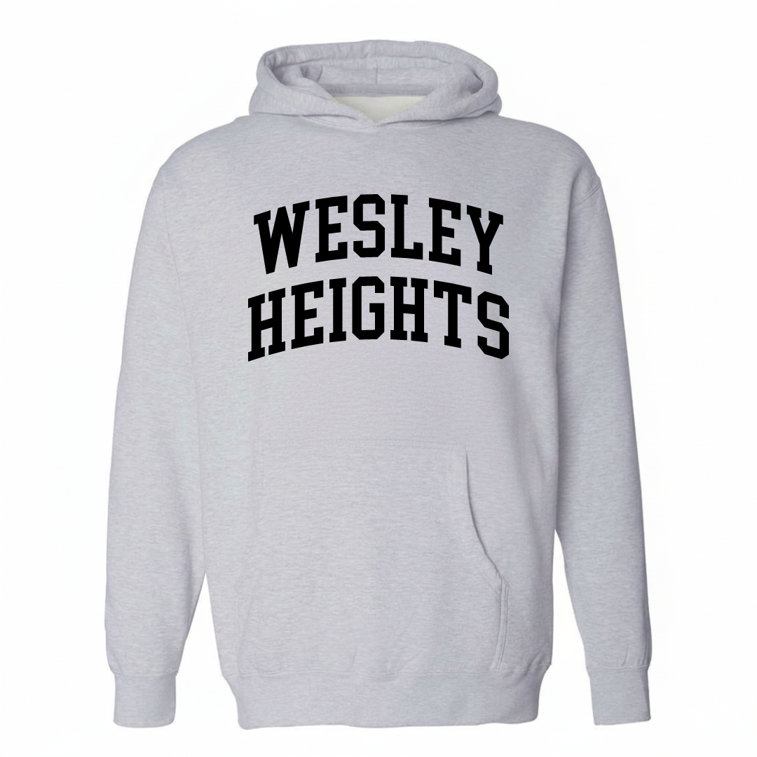 Heather-gray hoodie with the Wesley Heights arched lettering varsity-collegiate design on the chest.