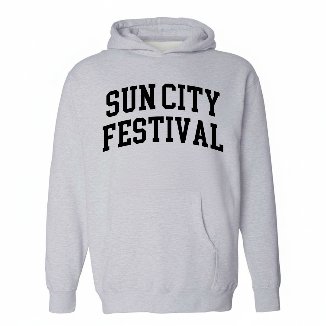 Heather-gray hoodie with the Sun City Festival varsity arched lettering design on the chest.