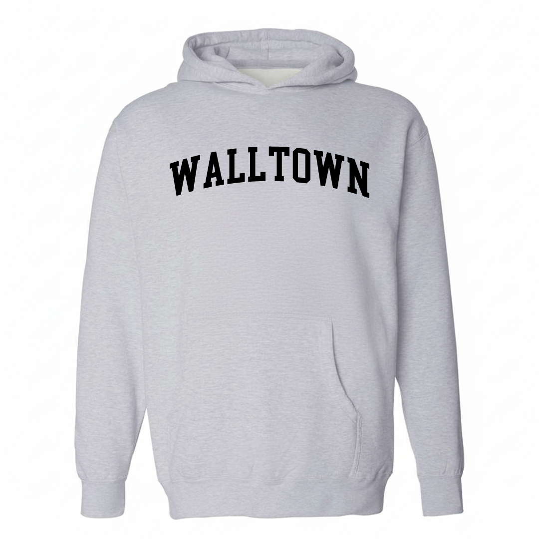 Heather-gray hoodie with the Walltown varsity arched lettering design on the chest.