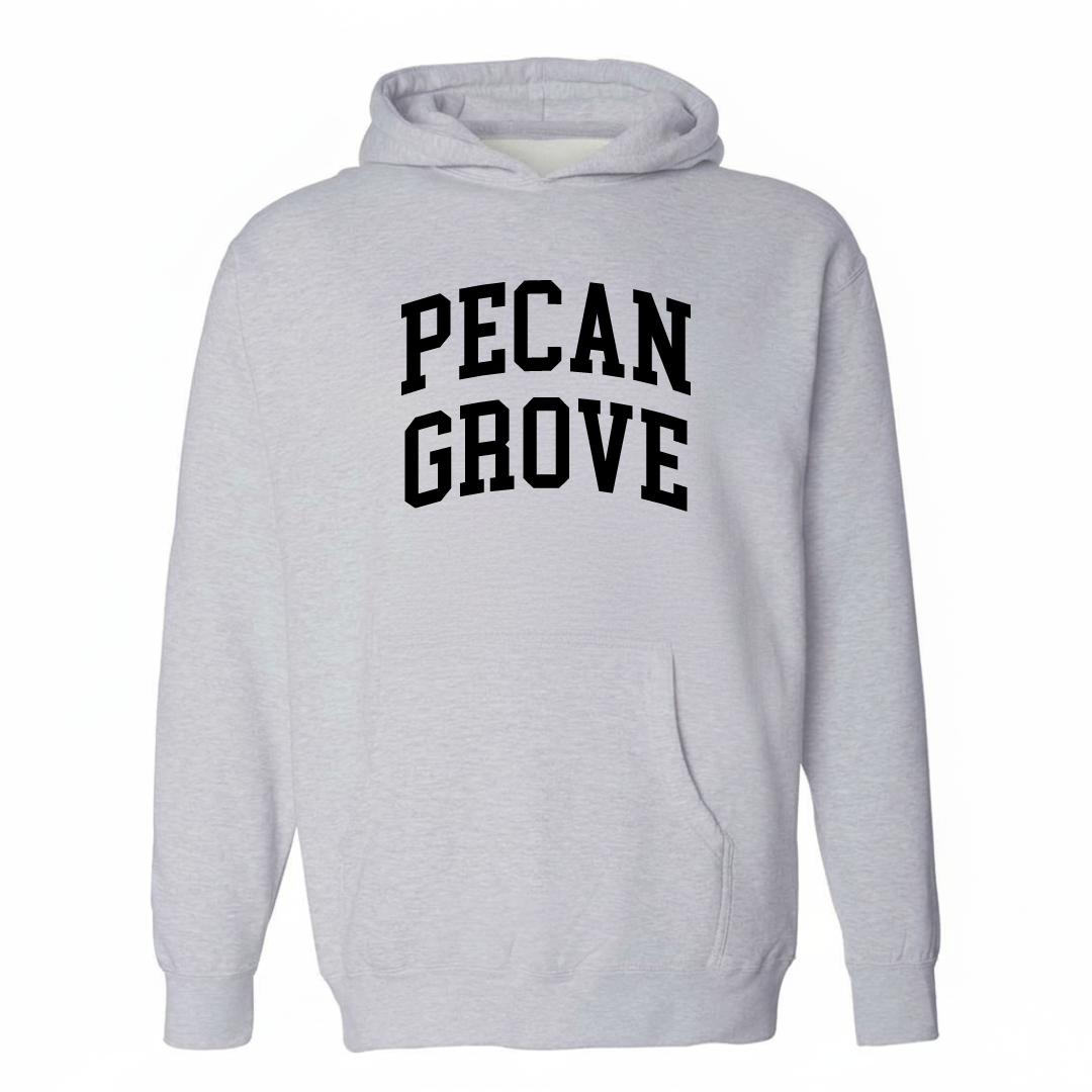 Heather-gray hoodie with the Pecan Grove arched lettering design on the chest.