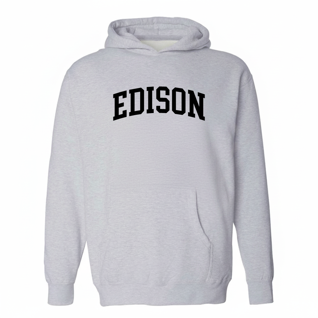 Heather-gray hoodie with the Edison arched lettering varsity-collegiate design on the chest.