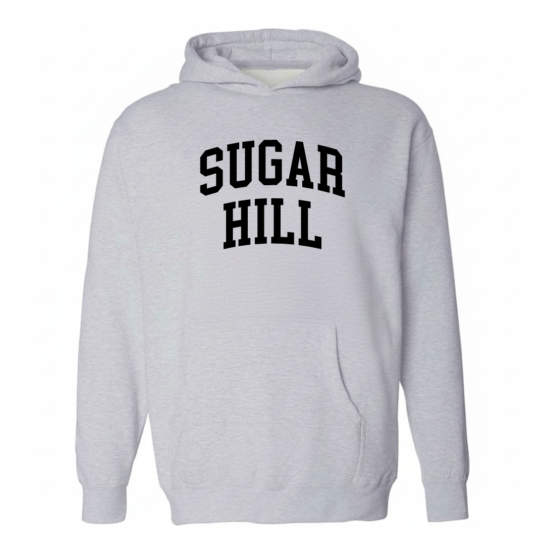 Heather-gray hoodie with the Sugar Hill varsity arched lettering design on the chest.