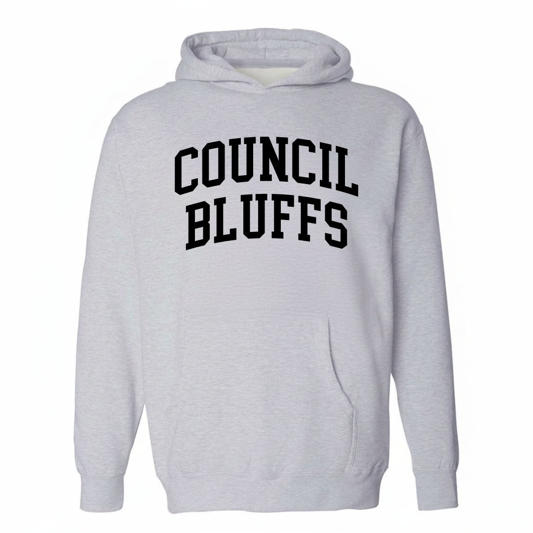Heather-gray hoodie with the Council Bluffs arched lettering design on the chest.