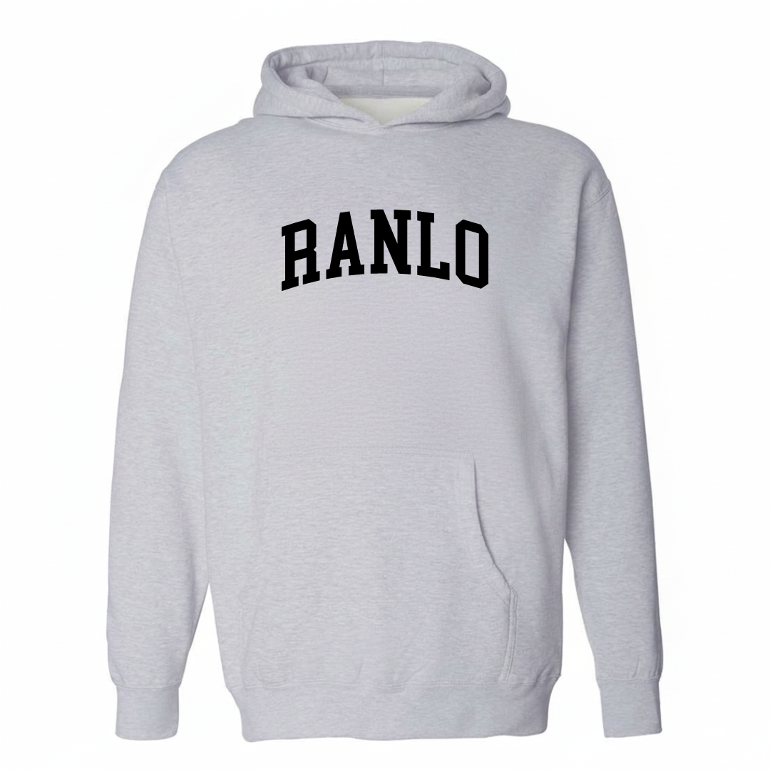 Heather-gray hoodie with the Ranlo varsity arched lettering design on the chest.