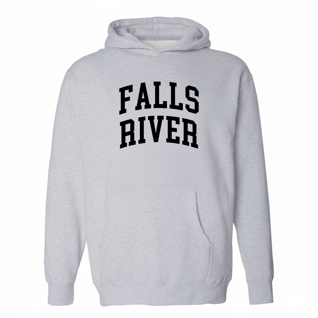 Heather-gray hoodie with the Falls River varsity arched lettering design on the chest.