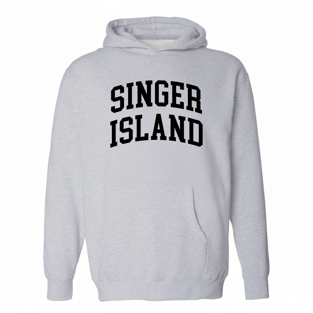 Heather-gray hoodie with the Singer Island arched varsity lettering design on the chest.