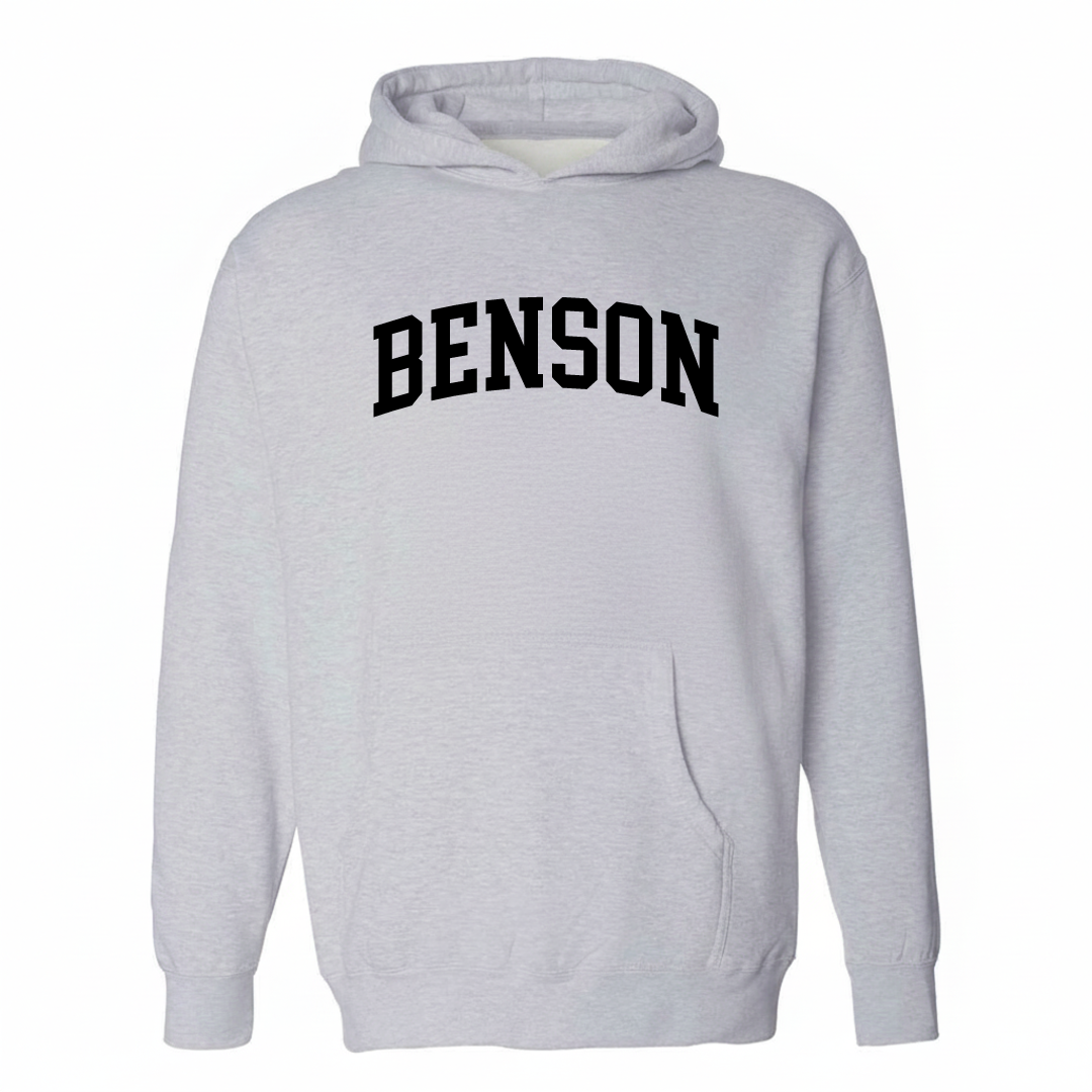 Heather-gray hoodie with the Benson varsity arched lettering design on the chest.