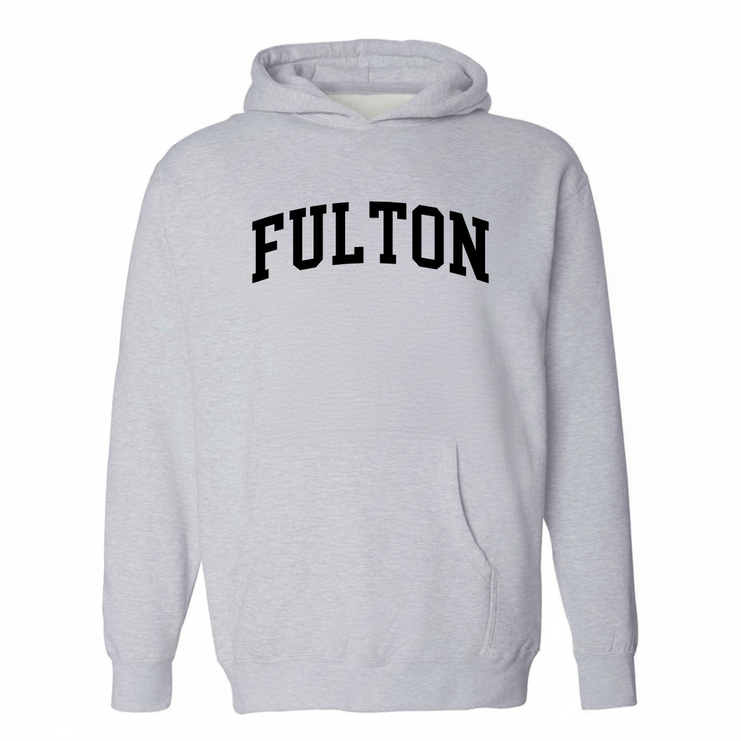Heather-gray hoodie with the Fulton varsity arched lettering design on the chest.