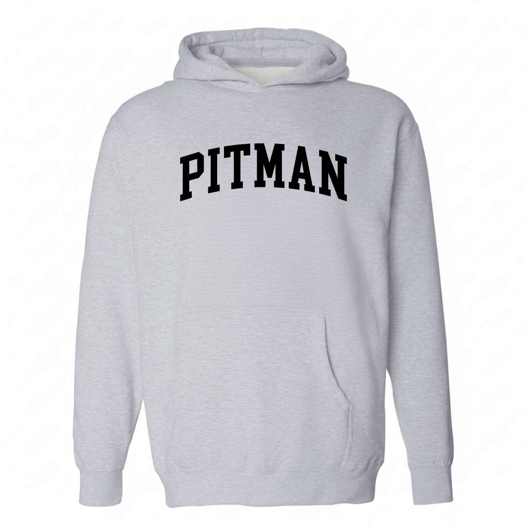 Heather-gray hoodie with the Pitman varsity arched lettering design on the chest.