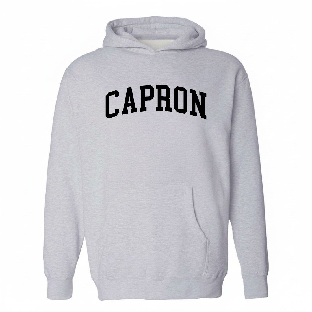 Heather-gray hoodie with the Capron varsity arched lettering design on the chest.