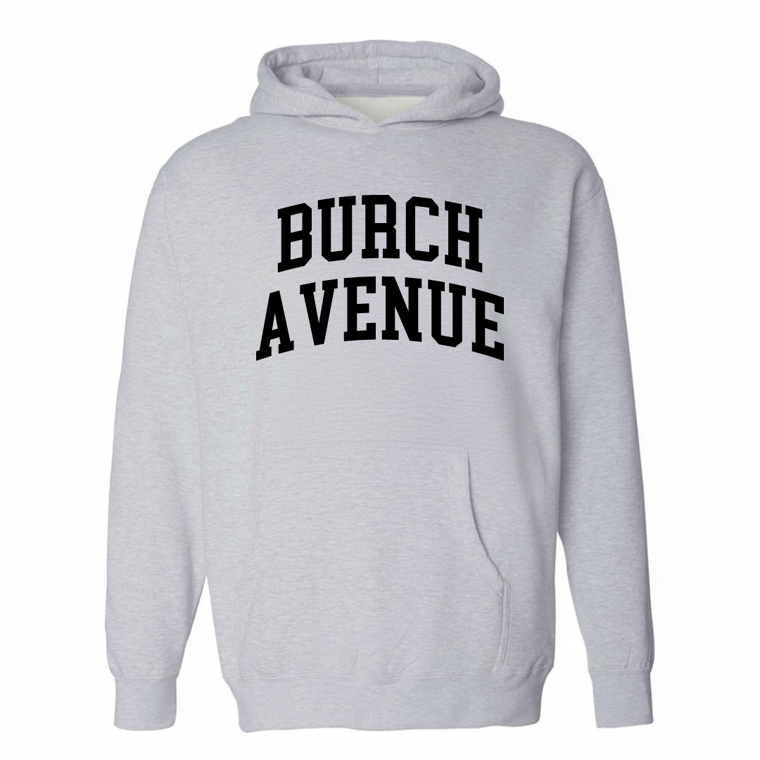 Heather-gray hoodie with the Burch Avenue varsity arched lettering design on the chest.