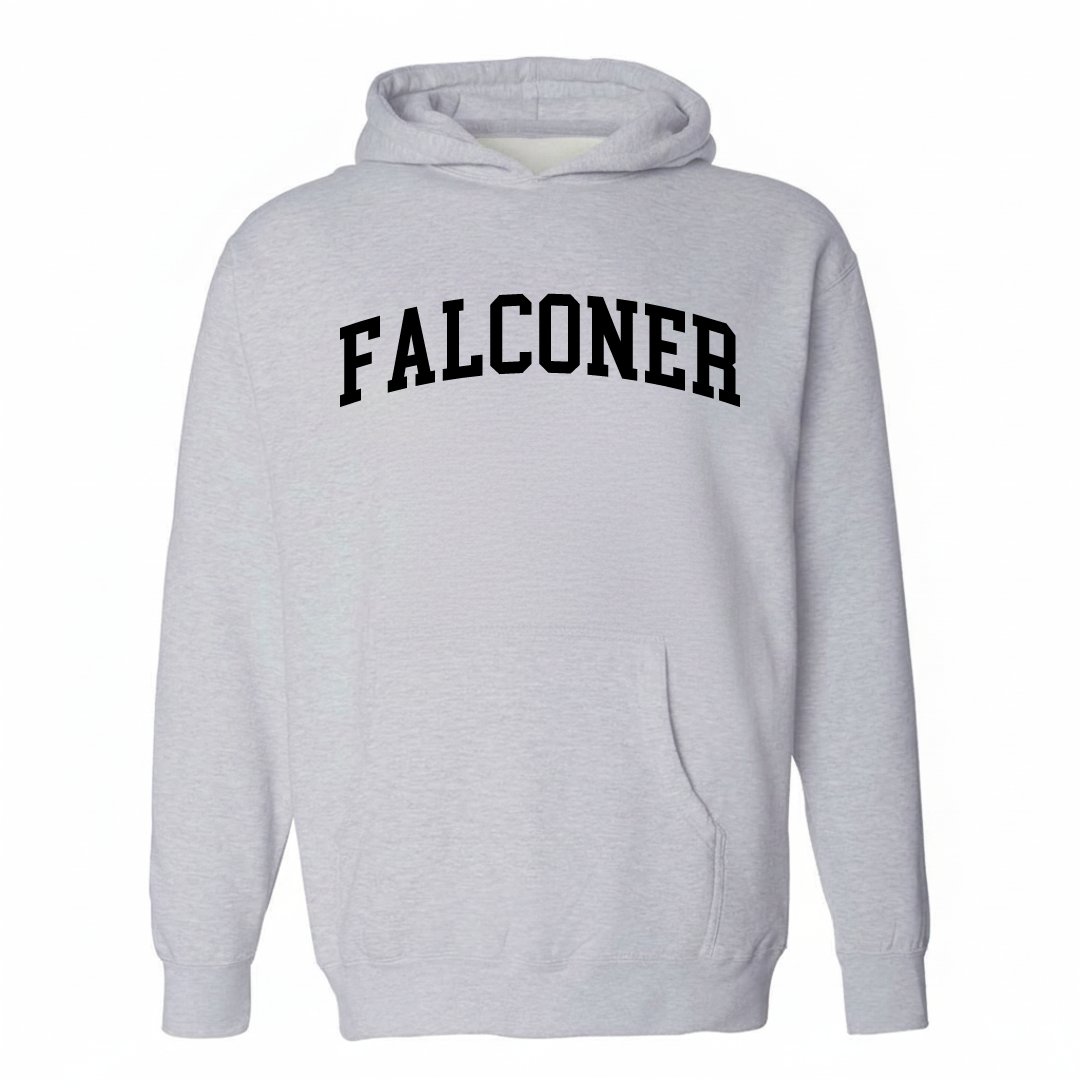 Heather-gray hoodie with the Falconer varsity arched lettering design on the chest.