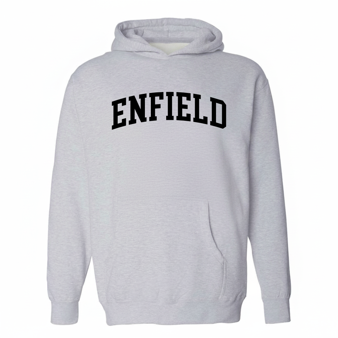 Heather-gray hoodie with the Enfield varsity arched lettering design on the chest.