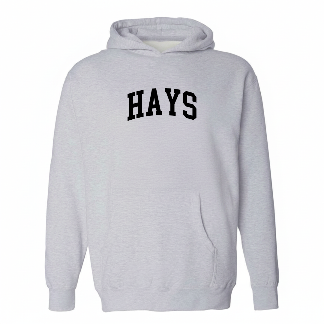 Heather-gray hoodie with the Hays varsity arched lettering design on the chest.