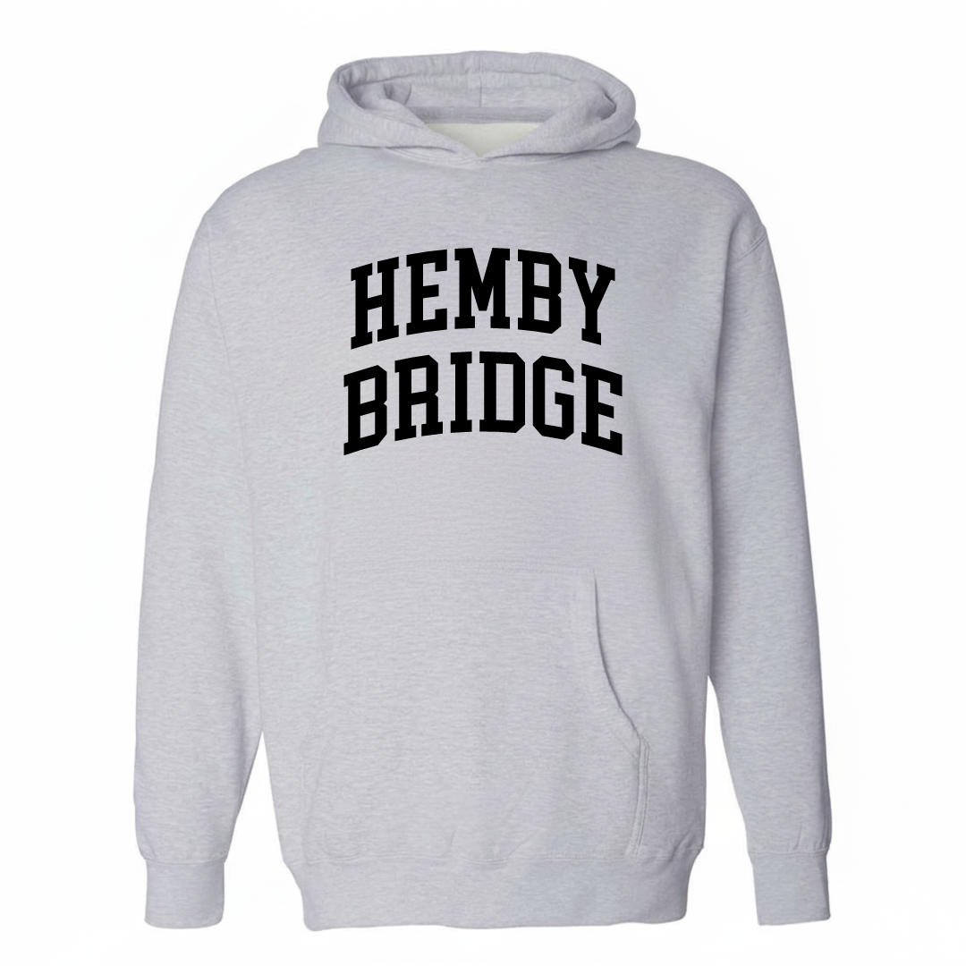 Heather-gray hoodie with the Hemby Bridge varsity arched lettering design on the chest.