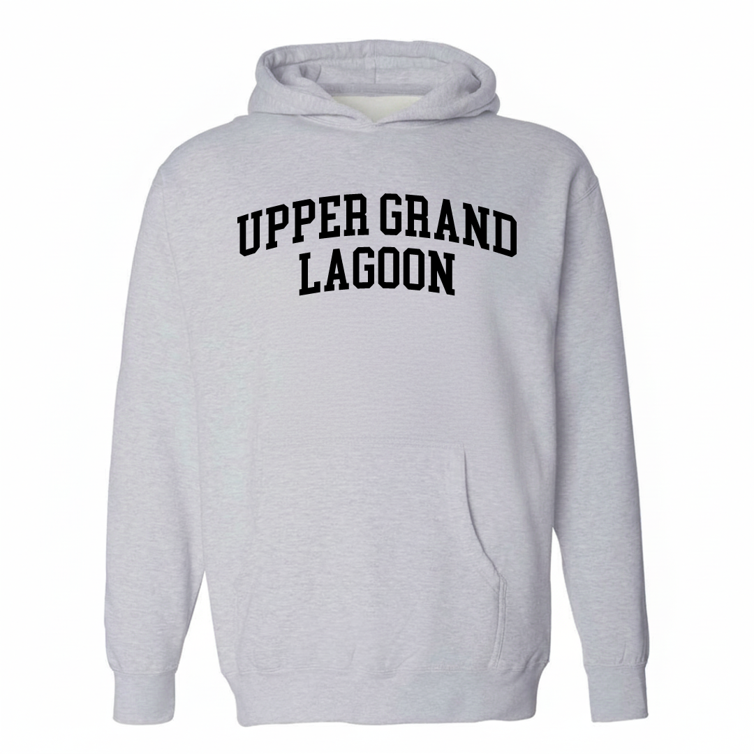 Heather-gray hoodie with the Upper Grand Lagoon varsity arched lettering design on the chest.