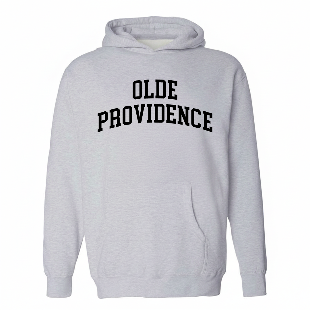 Heather-gray hoodie with the Olde Providence varsity arched lettering design on the chest.