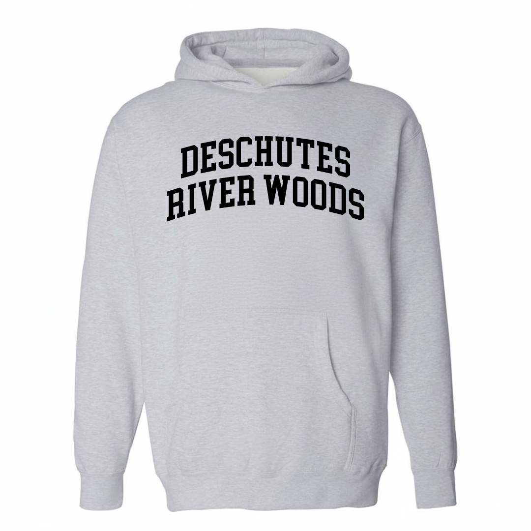 Heather-gray hoodie with the Deschutes River Woods varsity arched lettering design on the chest.