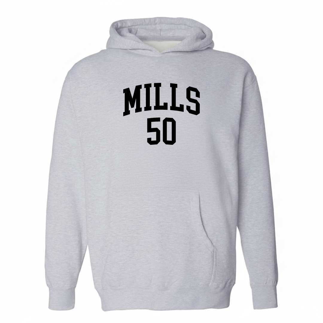 Heather-gray hoodie with the Mills 50 arched lettering varsity-collegiate design on the chest.