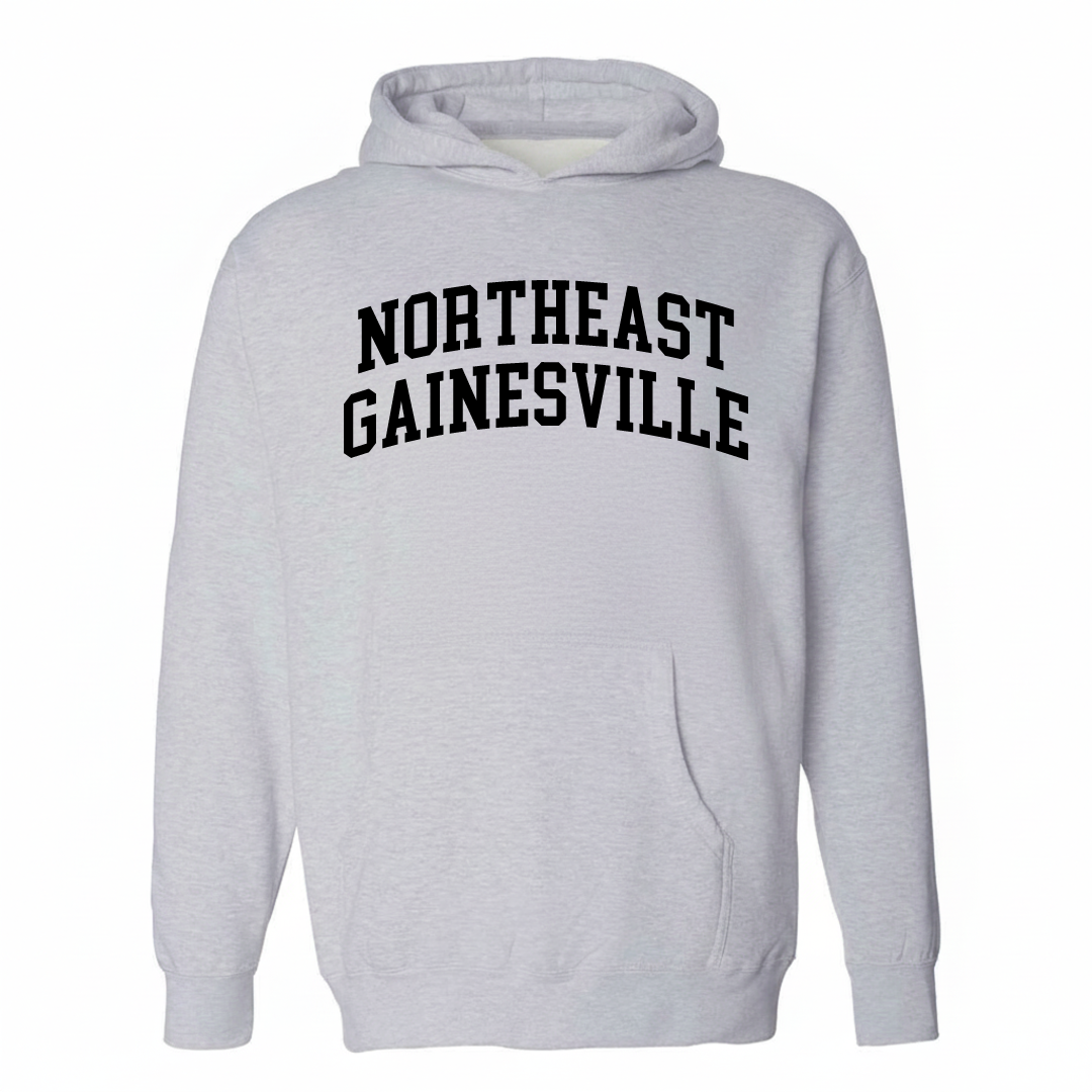 Heather-gray hoodie with the Northeast Gainesville varsity arched lettering design on the chest.