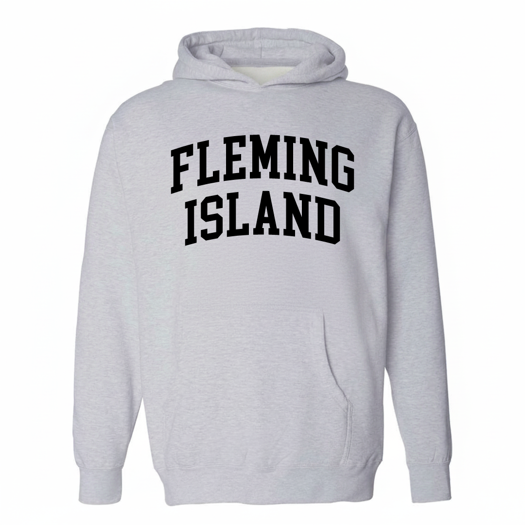Heather-gray hoodie with the Fleming Island varsity arched lettering design on the chest.