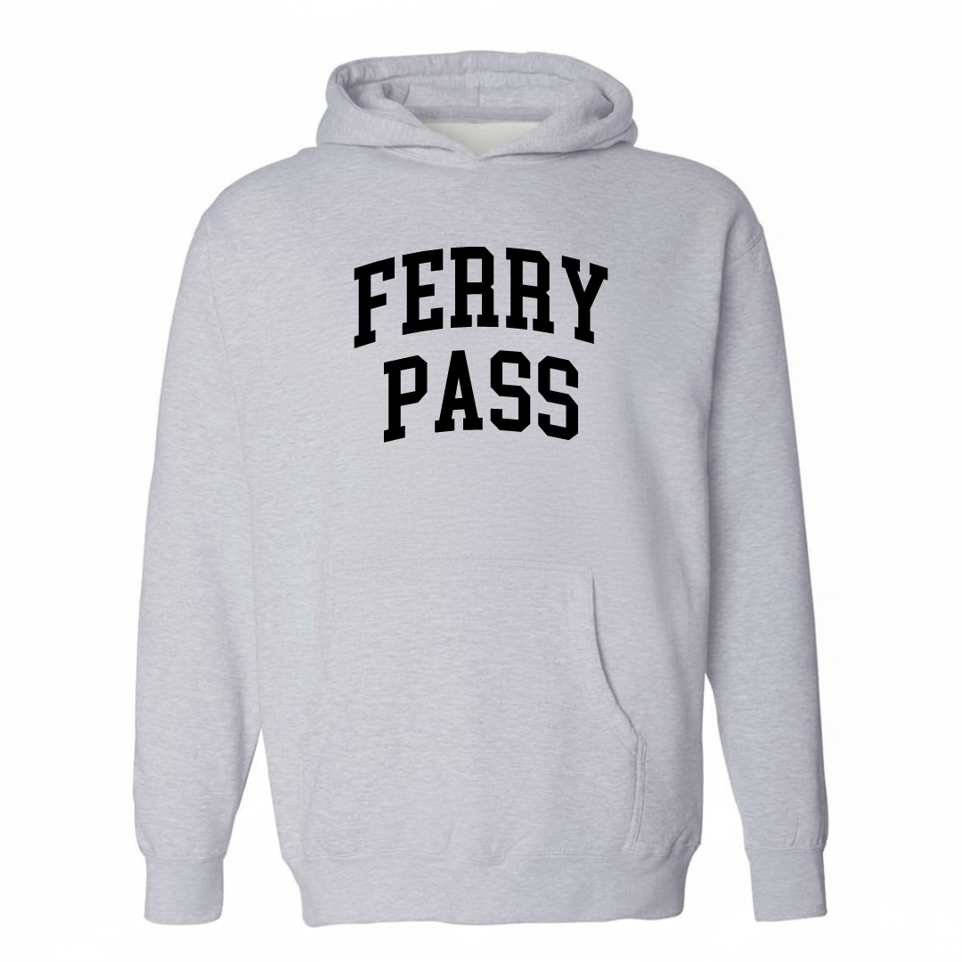 Heather-gray hoodie with the Ferry Pass arched lettering varsity-collegiate design on the chest.