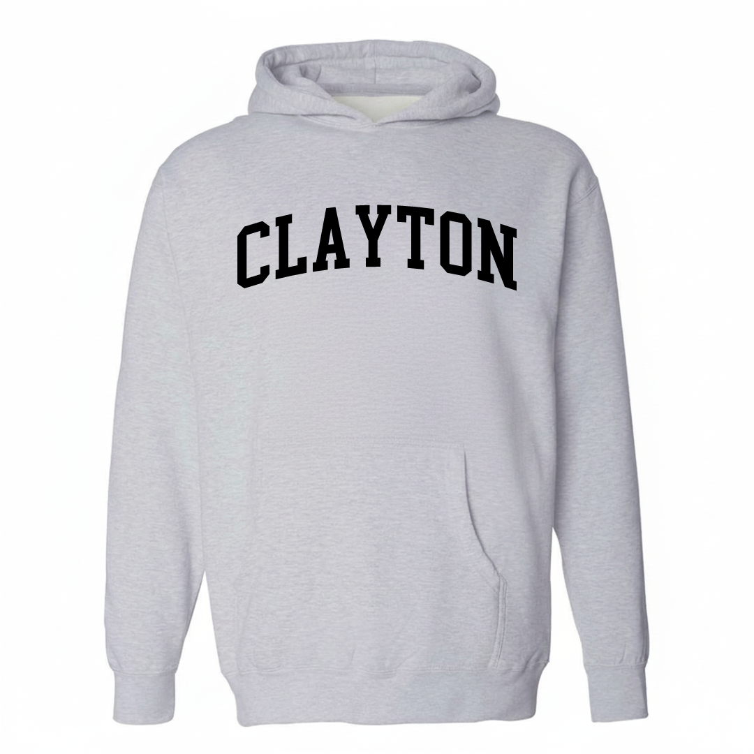 Heather-gray hoodie with the Clayton arched varsity lettering design on the chest.