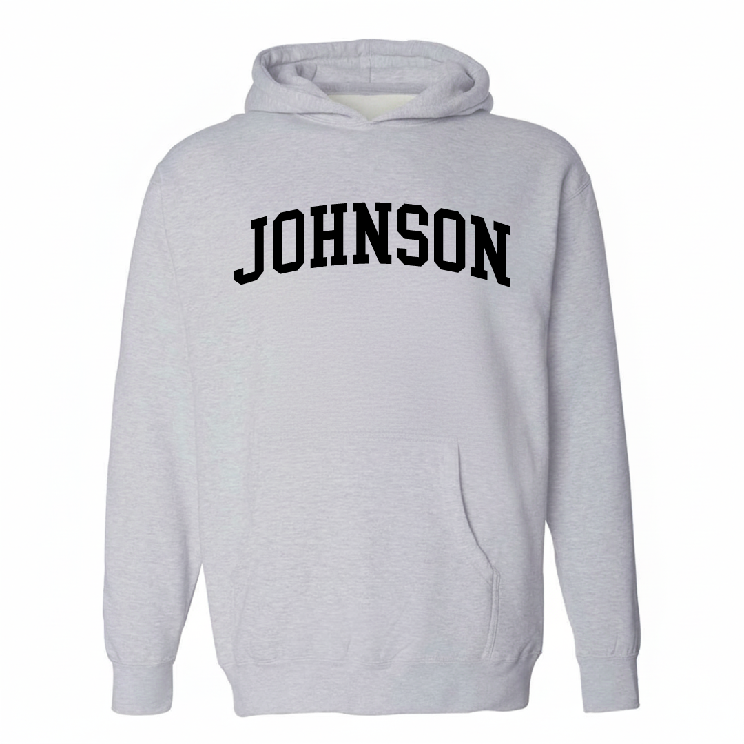 Heather-gray hoodie with the Johnson, Vermont arched varsity lettering design on the chest.