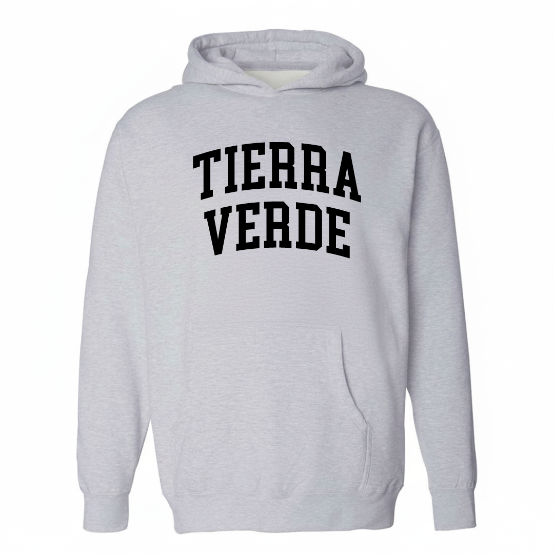 Heather-gray hoodie with the Tierra Verde arched lettering varsity design on the chest.