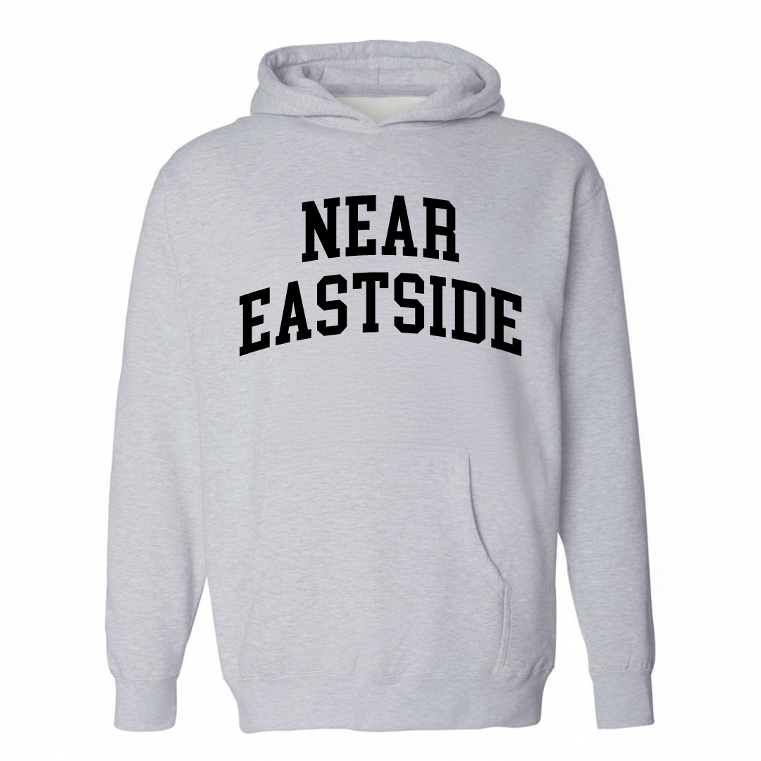 Heather-gray hoodie with the Near Eastside varsity arched lettering design on the chest.