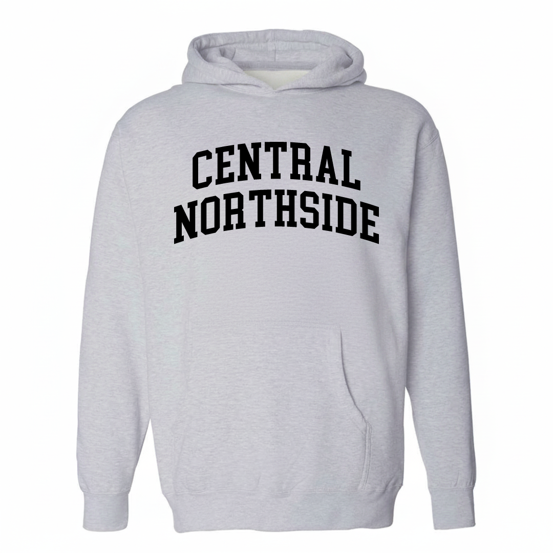Heather-gray hoodie with the Central Northside arched varsity lettering design on the chest.