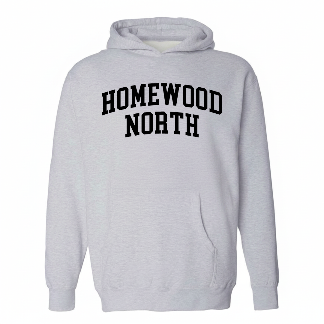 Heather-gray hoodie with the Homewood North varsity arched lettering design on the chest.